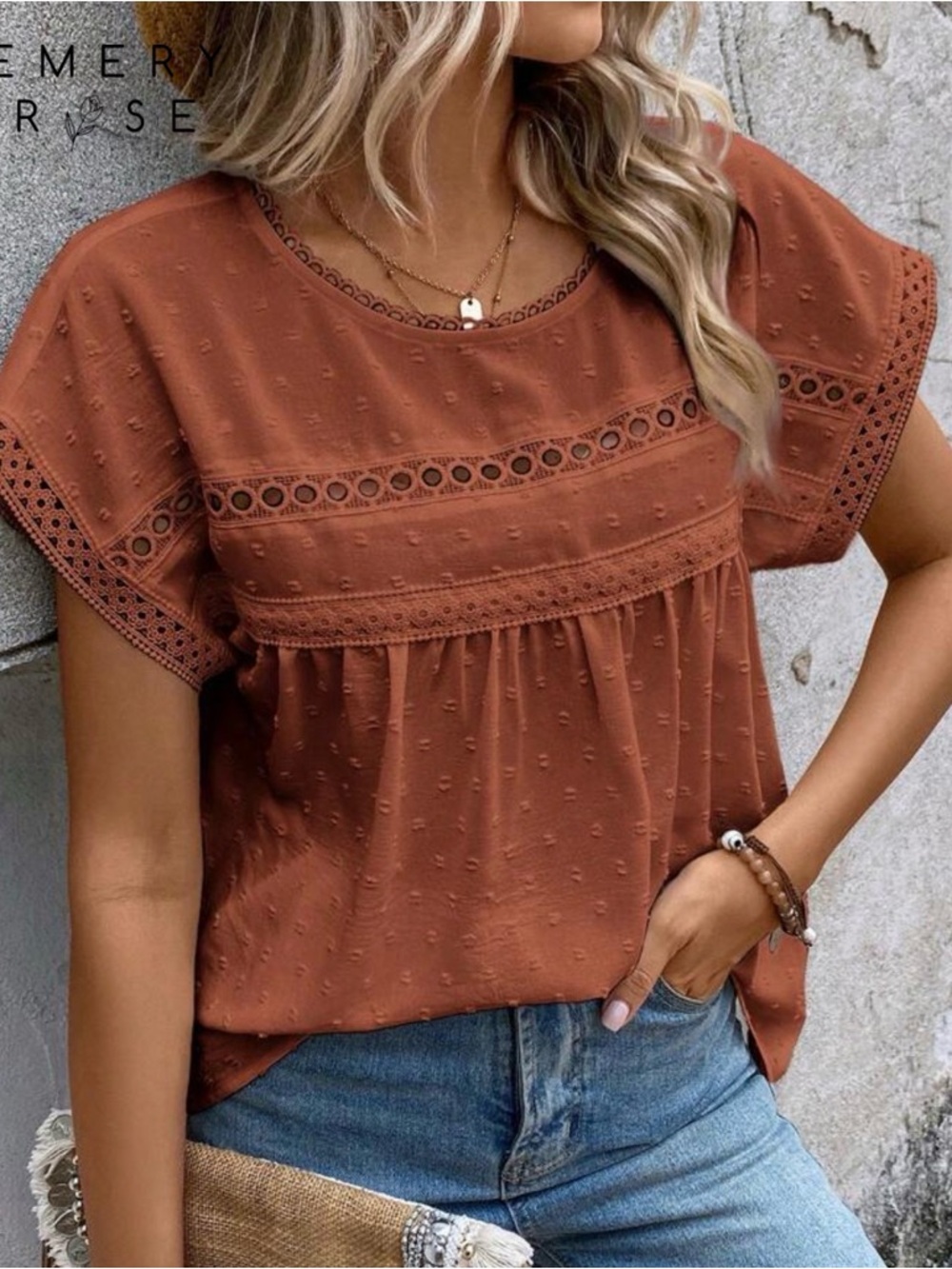 Women's Rust Crochet-Trim Short Sleeve Peplum Blouse